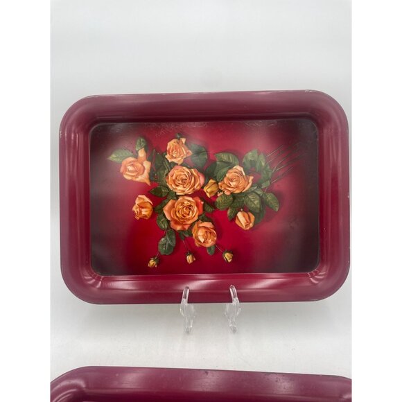 Vintage Floral Metal Serving Trays Set Of 2 Rose Design Boho Chic Burgundy - Picture 3 of 5